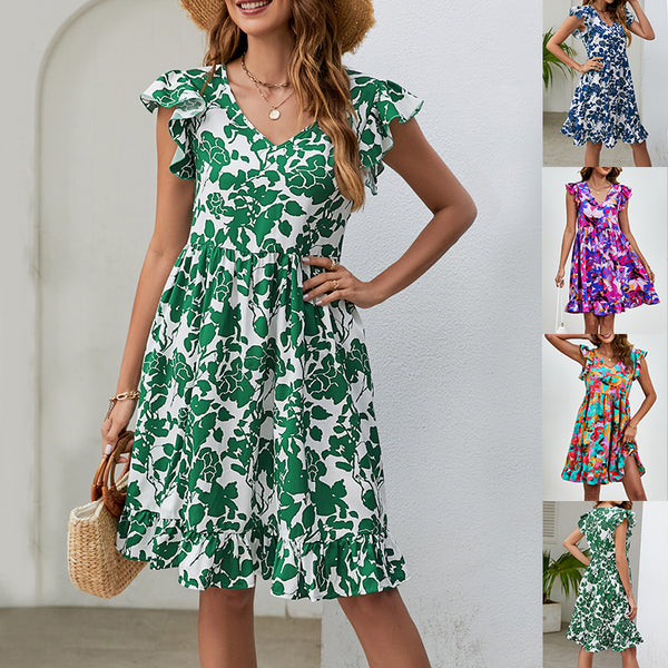 Leaf Print Dress V-neck Beach Dress